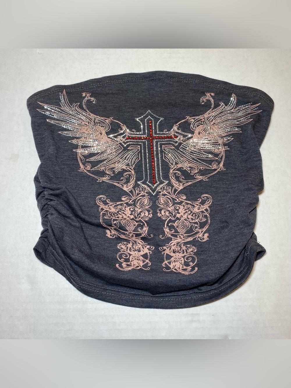 ROMWE Bandeau Tube Top Grunge Punk Studded Rhinestones Ruched Cross Wings Small - Picture 2 of 9